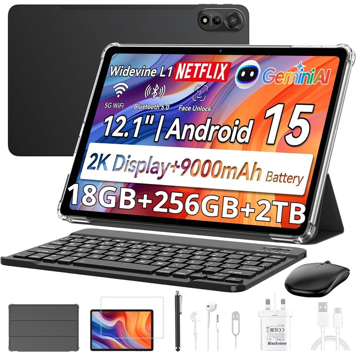 Tableta Blackview MEGA 2 Set complet de accesorii, Android 15,18 GB RAM+256 GB ROM (2TB),12 inchi 2K FHD+,9000 mAh, Unisoc T615, Stylus, Cu tastatura, Widevine L1, Face ID, Dual SIM Standby, Gri