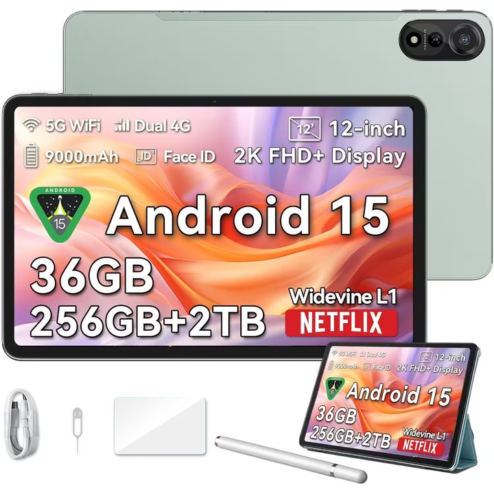 Tableta Blackview MEGA 2, Android 15, 36 GB RAM+256 GB ROM, 12 inchi 2K FHD+, 9000 mAh, Stylus, Face ID, Dual SIM Standby, verde
