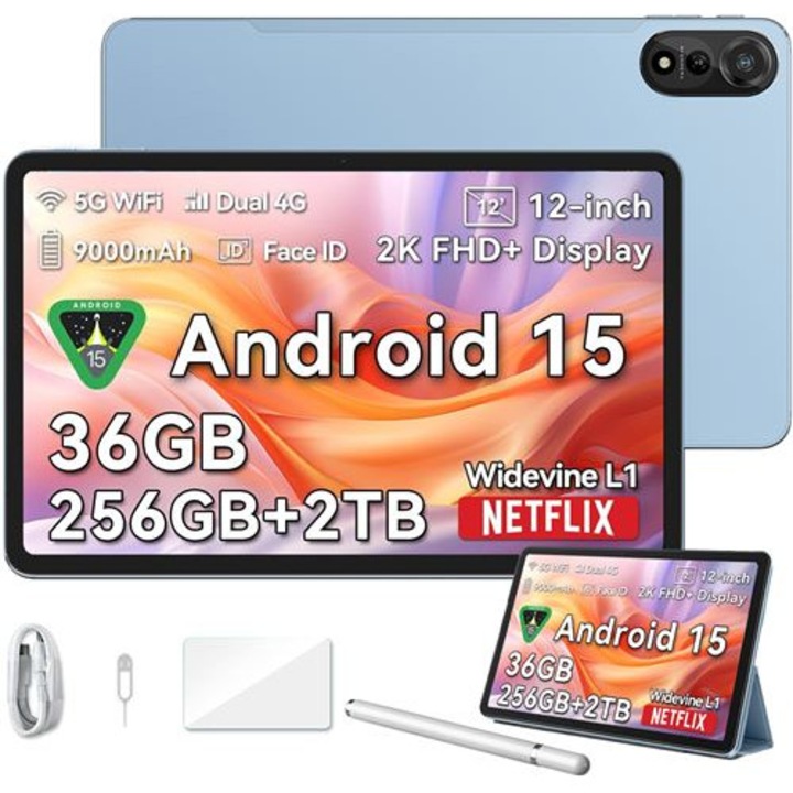Tableta Blackview MEGA 2, Android 15, 36 GB RAM+256 GB ROM, 12 inchi 2K FHD+, 9000 mAh, Stylus, Face ID, Dual SIM Standby, albastru