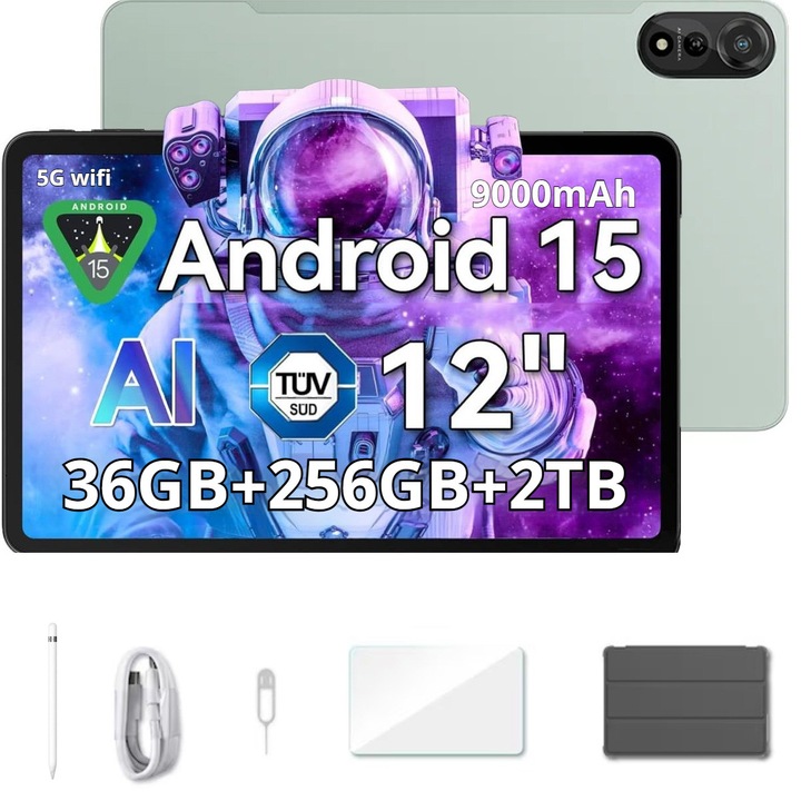 Tableta Blackview MEGA 2, Android 15, 36 GB RAM+256 GB ROM( Expandabil 2TB),12 inchi 2K FHD+, 9000 mAh,13MP+5MP, Stylus, Face ID, WiFi 6, Verde