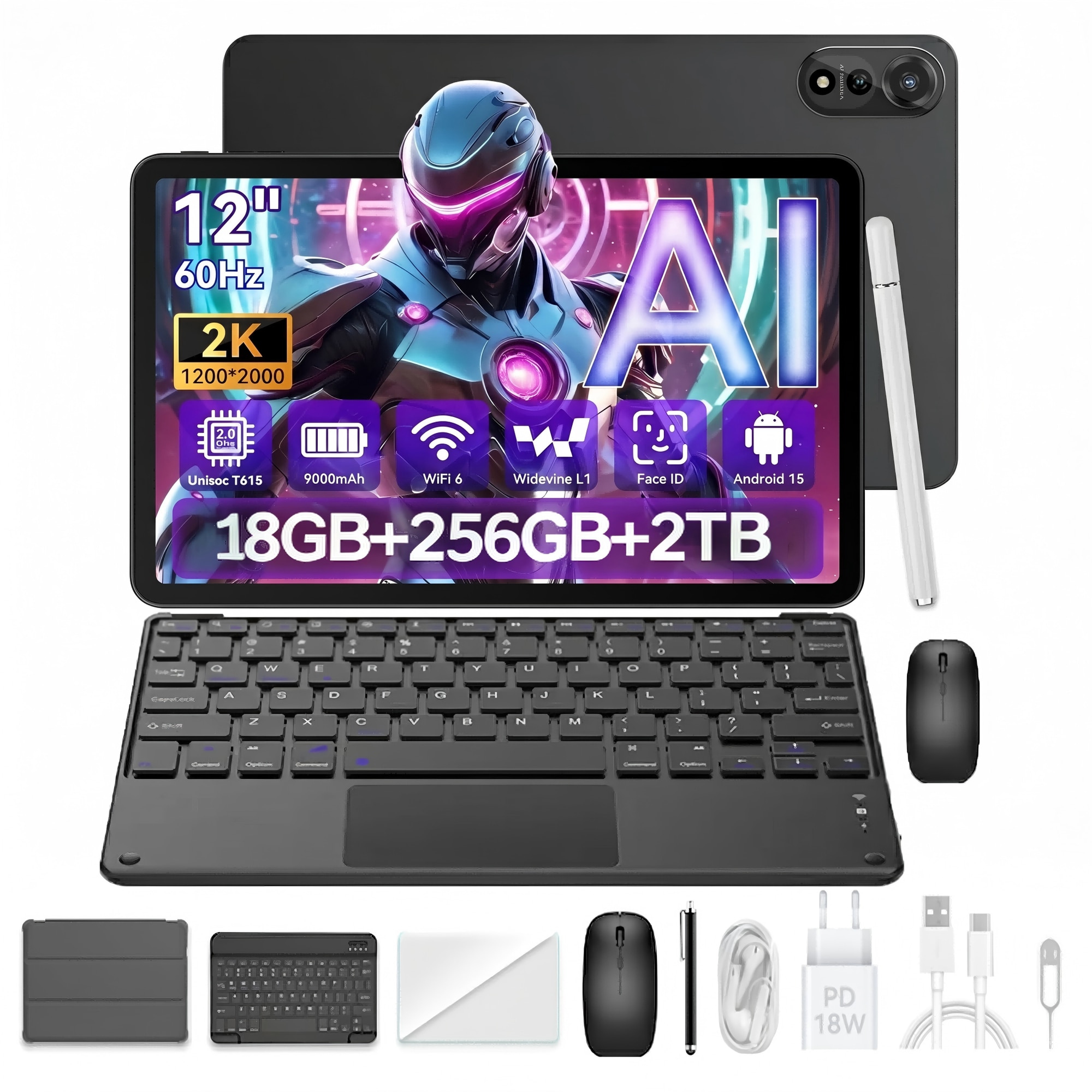 Tableta Blackview MEGA 2, Android 15,36 GB RAM+256 GB ROM (2TB),12 inchi 2K FHD+,9000 mAh, Unisoc T615, Stylus, Cu tastatura, Widevine L1, Face ID, Dual SIM Standby, Gri