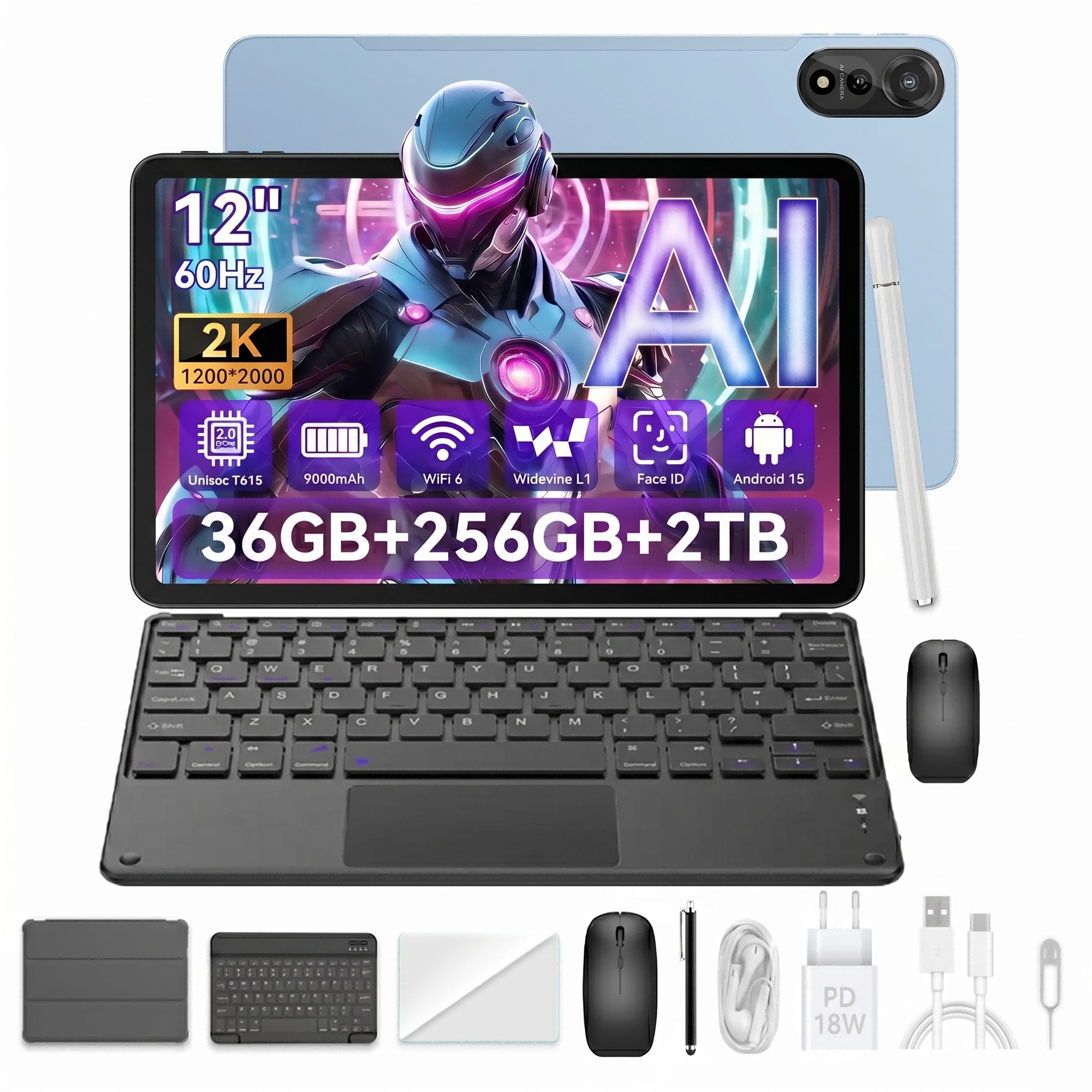 Tableta Blackview MEGA 2, Android 15,36 GB RAM+256 GB ROM (2TB),12 inchi 2K FHD+,9000 mAh, Unisoc T615, Stylus, Cu tastatura, Widevine L1, Face ID, Dual SIM Standby, Albastru