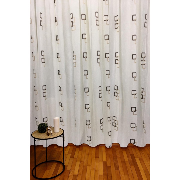 Perdea brodata mecanic, culoare ivoire/maro, din colectia "Geometry" by Liz Line, 150x245cm, cu rejansa PD13315