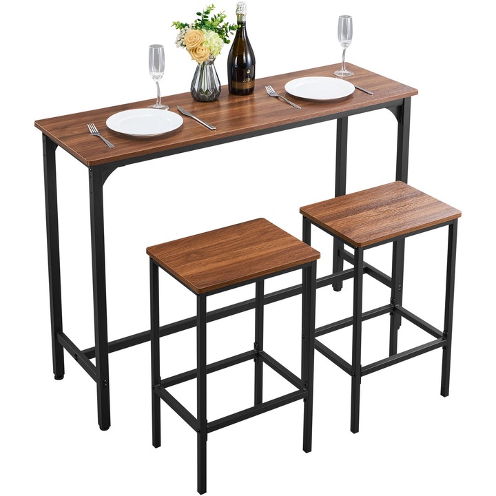 Set masa de bar cu 2 taburete/scaune, Trei Piese, Masa dreptunghiulara, Blat 119, 4 cm, Margini rotunjite, Pentru birou/mic dejun/mini bar, Maro rustic