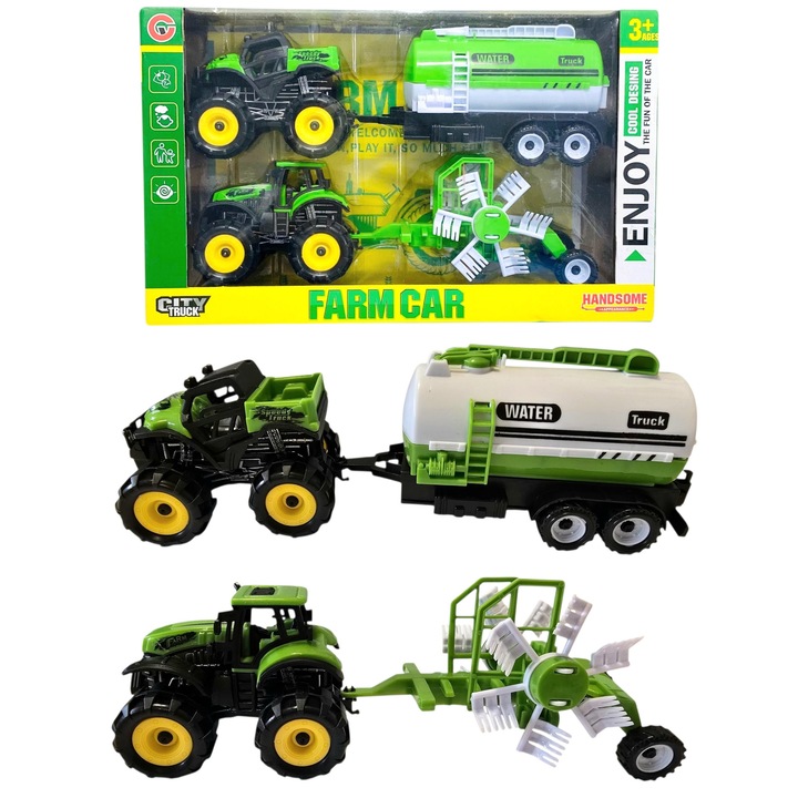 Masina agricola – Tractor cu cisterna apa si utilaj 26 cm, Vehicule de ferma pentru Copii 3+ pasionati de viata la tara, Plastic Rezistent, culoare verde