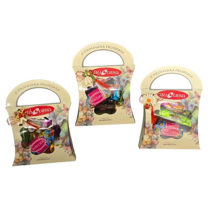 Set Cadou Corporate Bucuria "Eleganta Primaverii" - 5 Cutii cu Ciocolata 100g, Fir de Martisor, Brosa