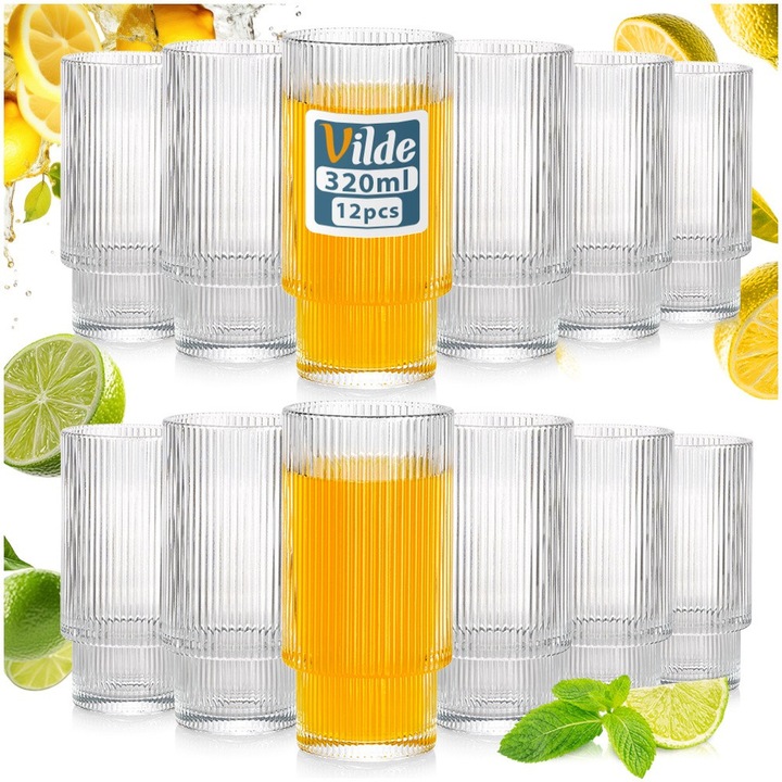12 db-os üveg pohár készlet, 320ml, átlátszó, 14x7cm