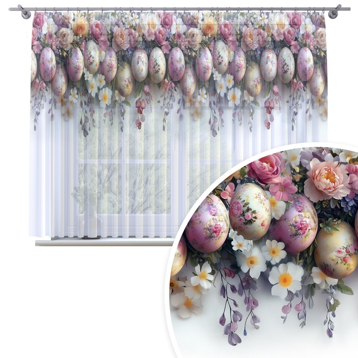 Perdea, Homeview, 300x150 cm, Paste, Pentru camera de zi si dormitor, Cu rejansa, Decorativ, Montaj usor, Poliester, Alb cu imprimeu, model 540