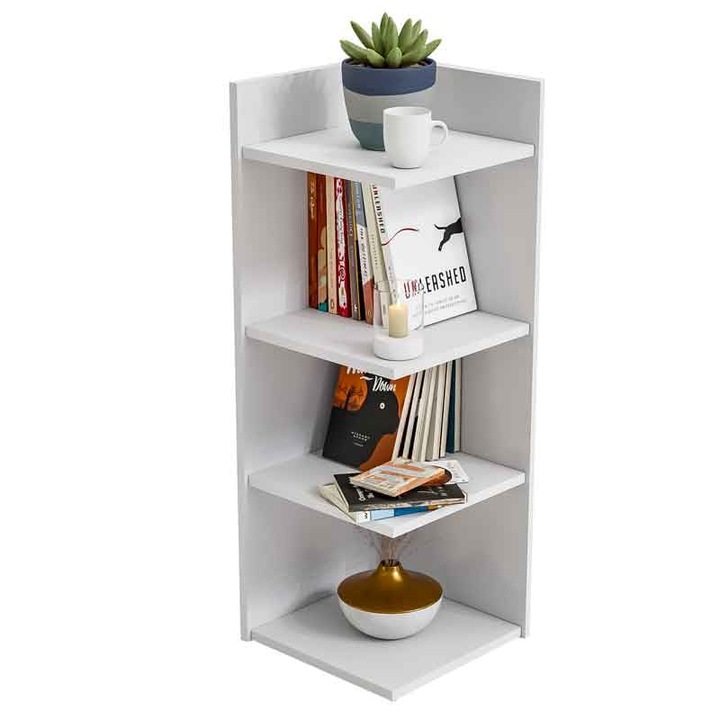 Etajera colt, Lucmi, PAL melaminat 18mm, Alb mat, 4 rafturi, 35x35x100(h) cm