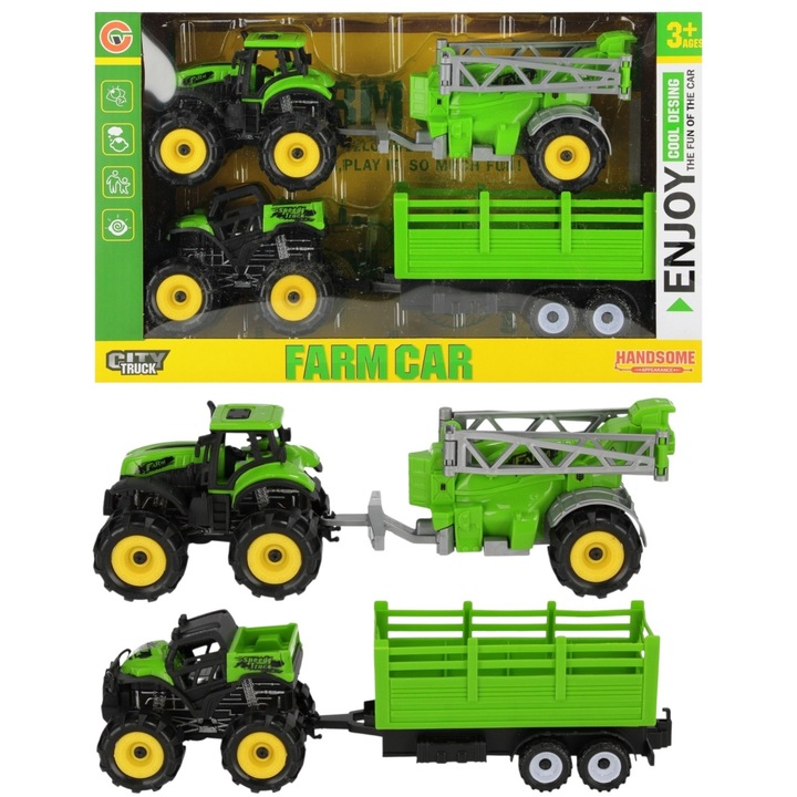 Set Jucarii Agricole Farm Car – Tractor cu Remorca si Masina de Stropit 26 cm, Vehicule Ferma pentru Copii 3+ pasionati de viata la tara, Plastic Rezistent, culoare verde