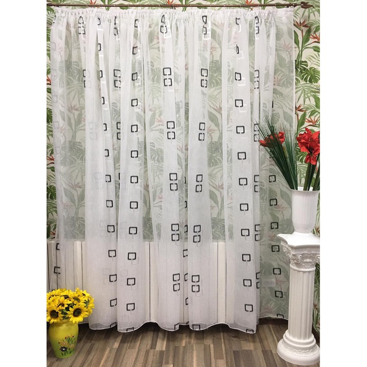 Perdea brodata mecanic, culoare alb/negru, din colectia "Geometry" by Liz Line, 150x245cm, cu rejansa PD13415