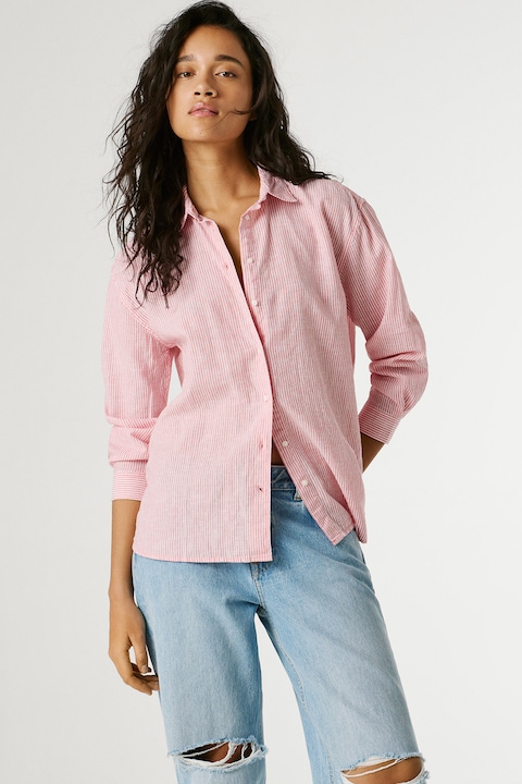 Pepe Jeans London, Camasa din amestec de in cu dungi Bernary, Alb/Roz