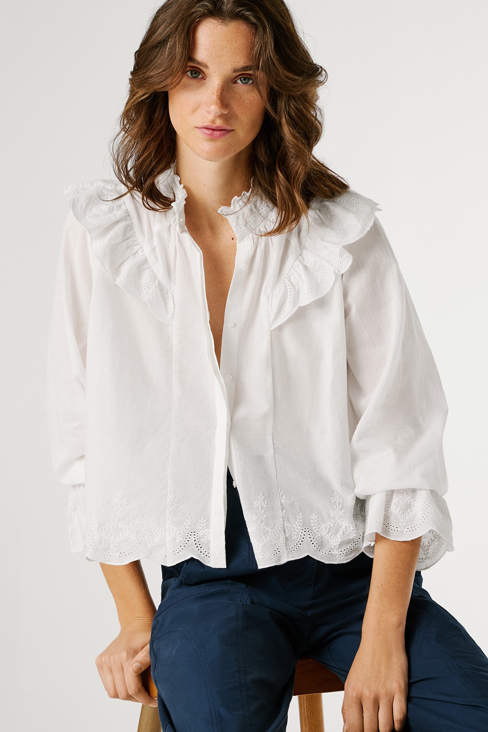 Pepe Jeans London, Camasa cu guler si volane Bella, Alb optic, M