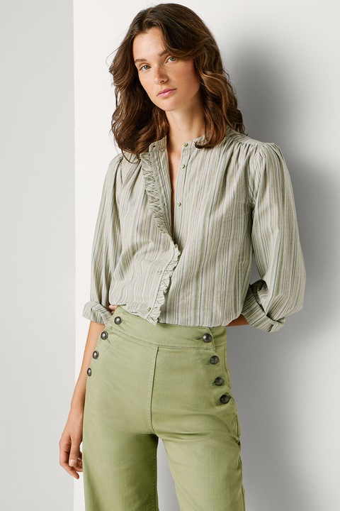 Pepe Jeans London, Camasa cu maneci bufante si terminatii cu volane Aliya, Alb/Kaki