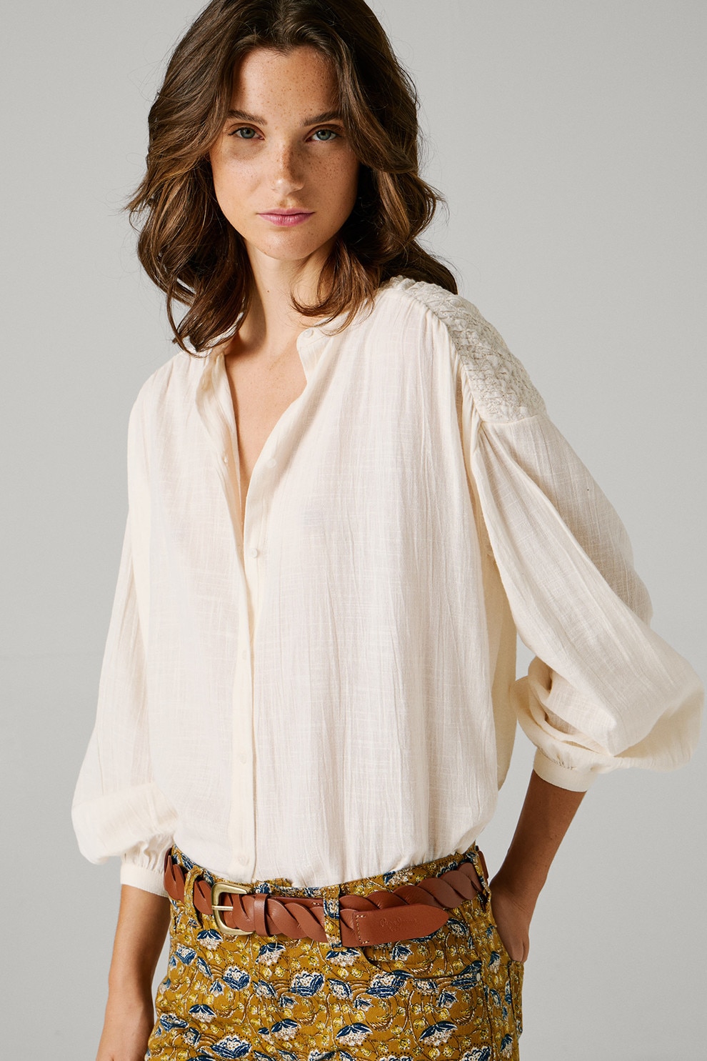 Pepe Jeans London, Camasa-tunica cu guler Mao Ariana, Alb fildes, M