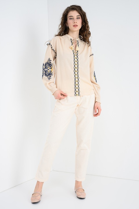 Pepe Jeans London, Bluza tunica brodata Beliza, Bej deschis/Bleumarin