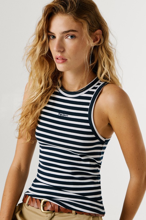 Pepe Jeans London, Раиран топ с бродирано лого, Бял/Тъмносин