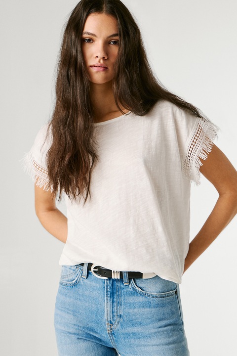 Pepe Jeans London, Tricou din bumbac cu detalii franjurate, Alb