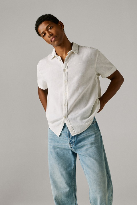 Pepe Jeans London, Camasa din amestec de in cu maneci scurte, Alb