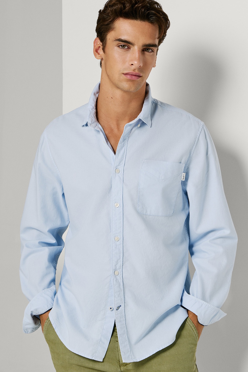 Pepe Jeans London, Camasa din bumbac cu buzunar pe piept, Albastru pal, M