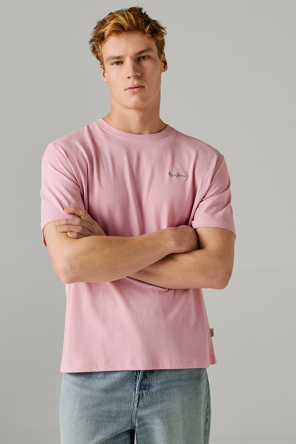 Pepe Jeans London, Tricou din bumbac cu logo brodat discret Connor, Roz pastel, M