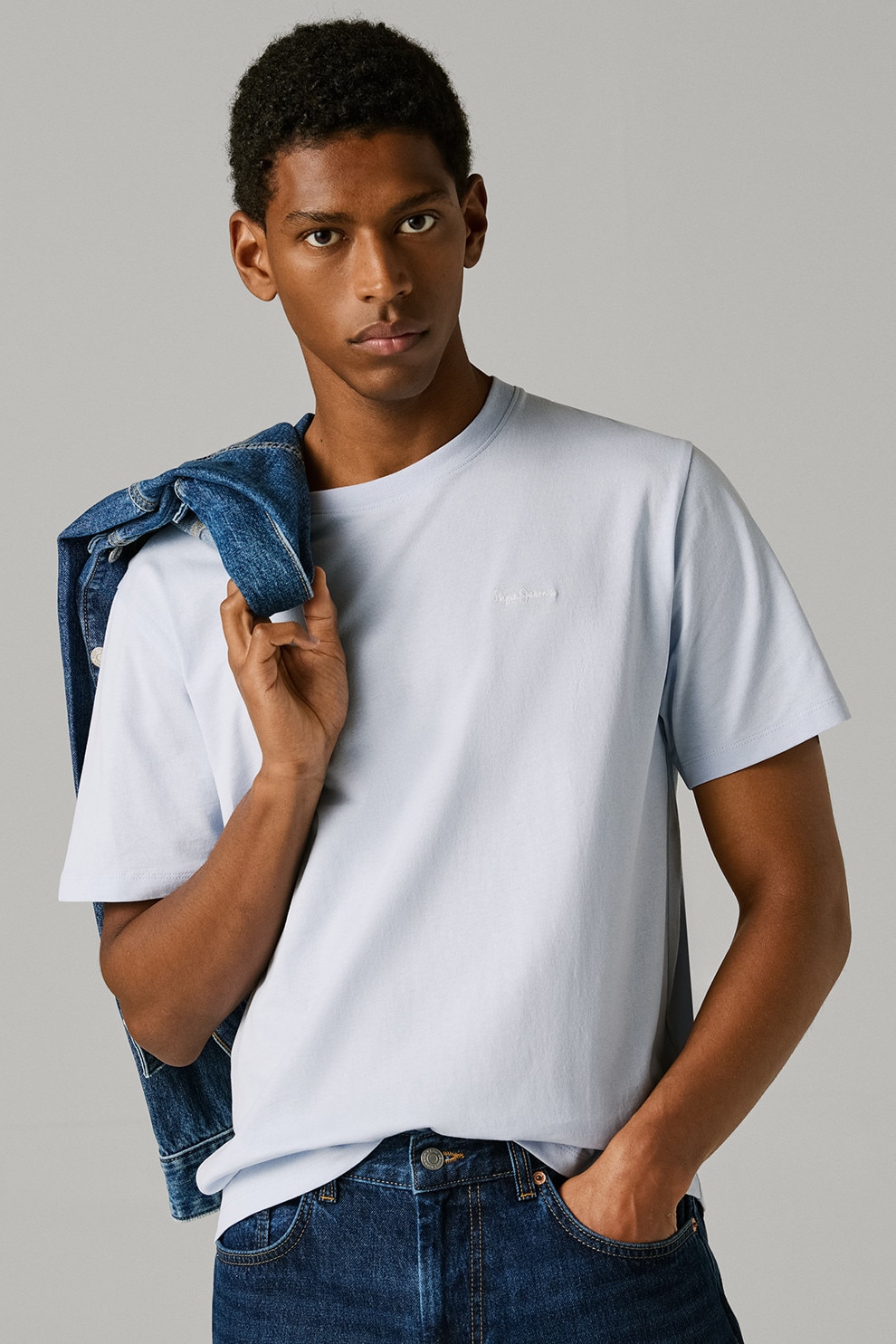 Pepe Jeans London, Tricou din bumbac cu logo brodat discret Connor, Albastru pal, 2XL