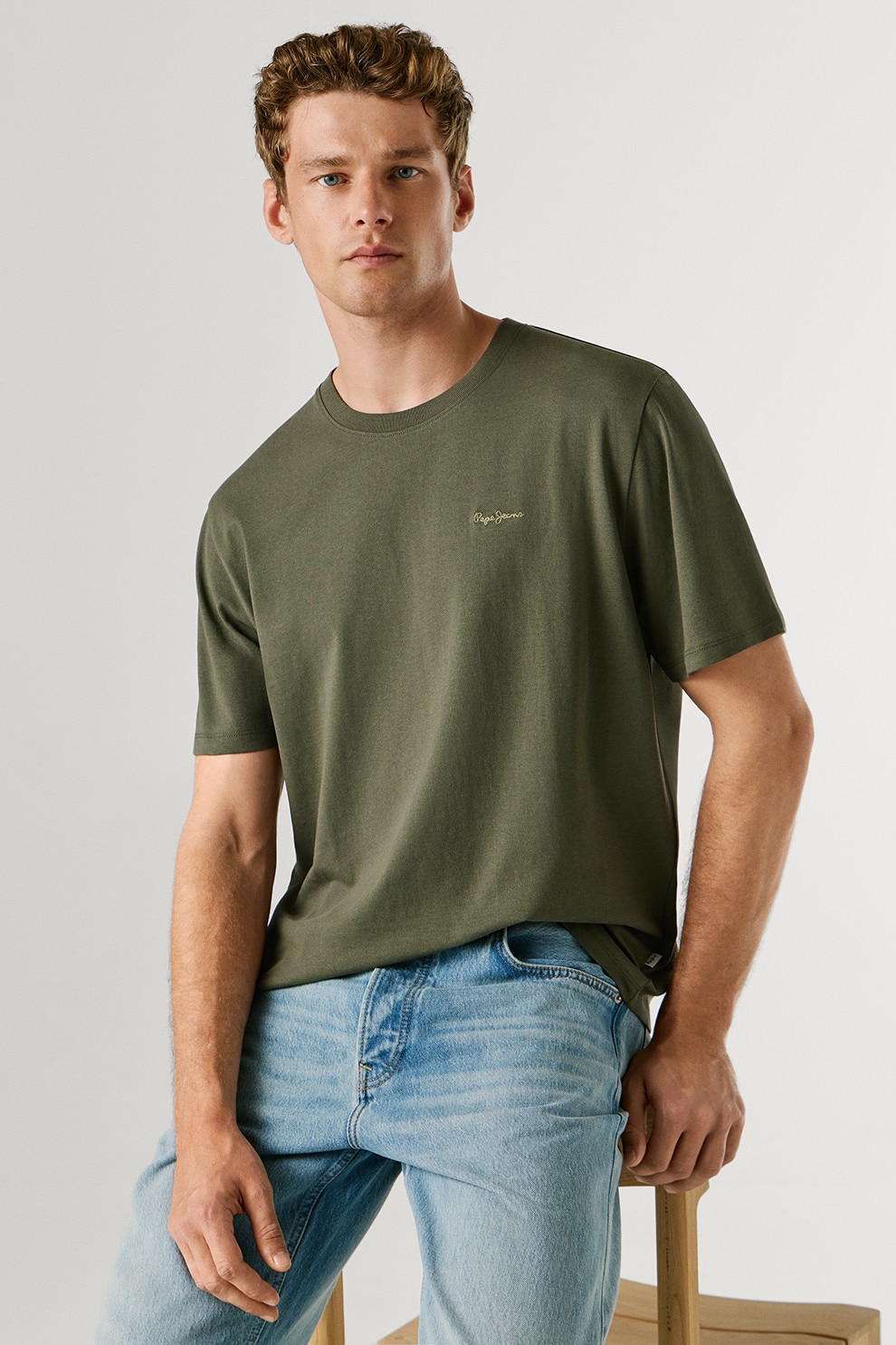 Pepe Jeans London, Tricou din bumbac cu logo brodat discret Connor, Verde masliniu inchis, S