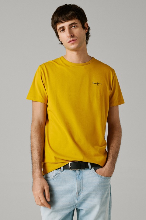 Pepe Jeans London, Tricou din amestec de bumbac cu logo, Galben miere