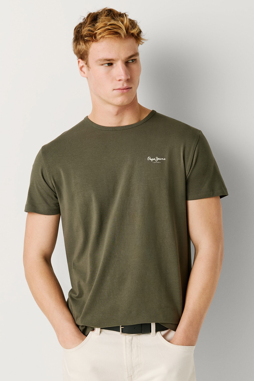 Pepe Jeans London, Tricou din amestec de bumbac cu logo, Kaki inchis, M