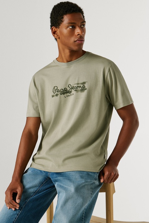 Pepe Jeans London, Tricou din bumbac cu logo, Kaki deschis/Kaki inchis