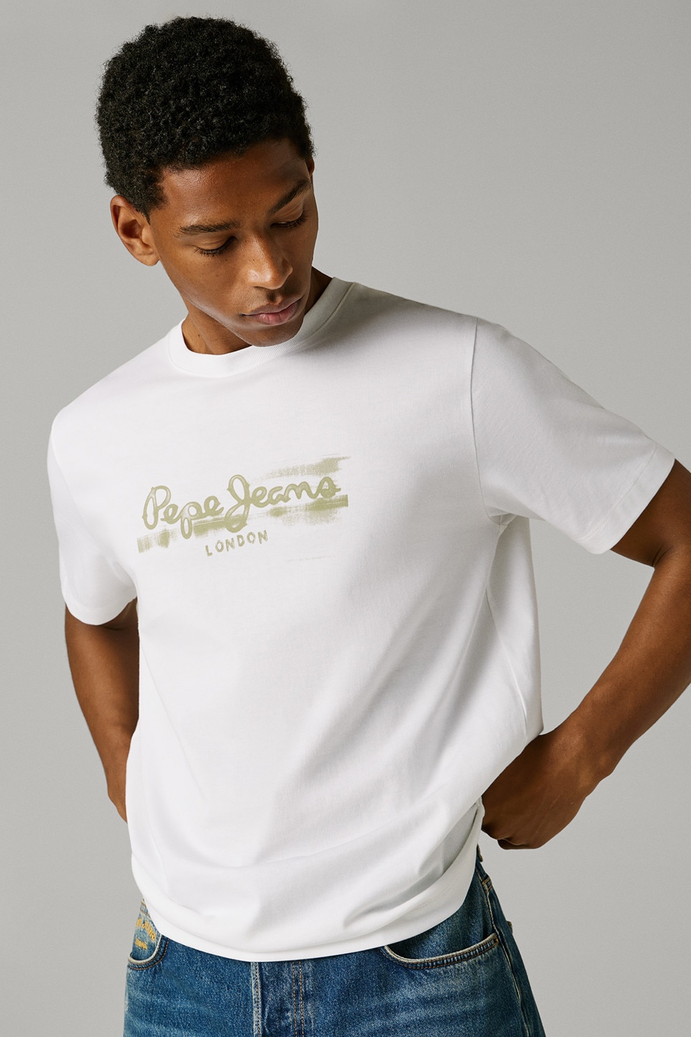 Pepe Jeans London, Tricou din bumbac cu logo, Alb, Verde masliniu pal, XL