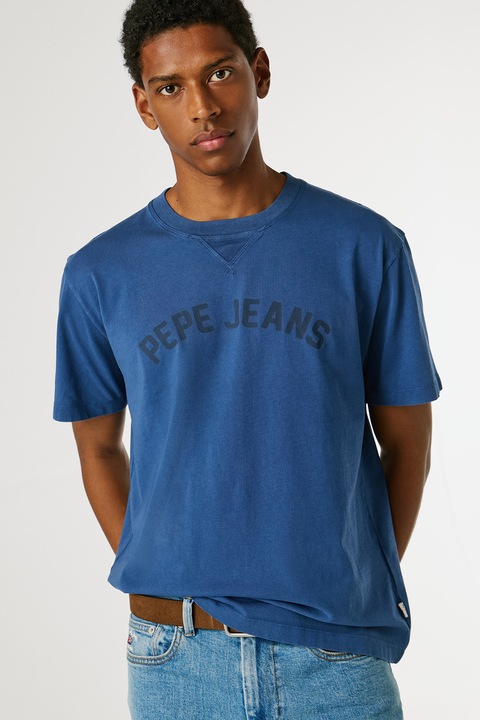 Pepe Jeans London, Tricou din bumbac cu imprimeu logo, Albastru oceanic/Albastru ultramarin