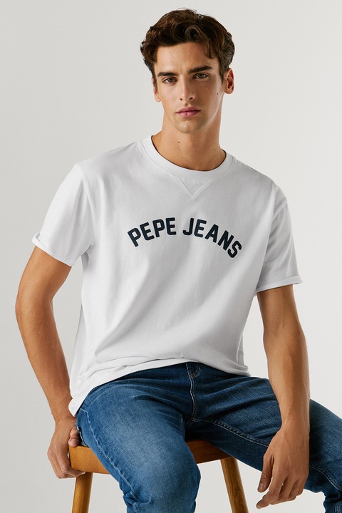 Pepe Jeans London, Logós pamutpóló, Fehér/Sötétkék
