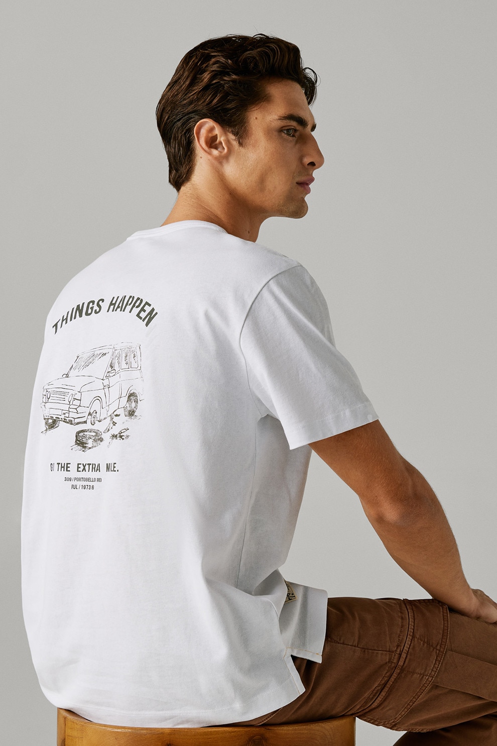 Pepe Jeans London, Tricou din amestec de bumbac cu imprimeu grafic pe partea din spate, Alb, Kaki inchis, M