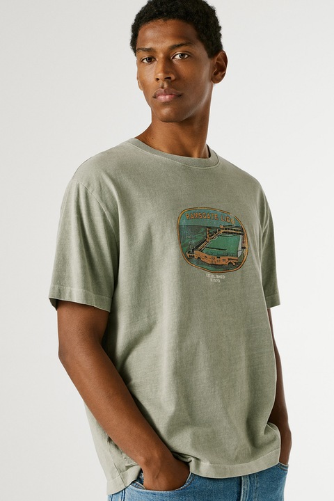 Pepe Jeans London, Tricou din bumbac cu decolteu la baza gatului Shaye, Portocaliu pepene/Grej