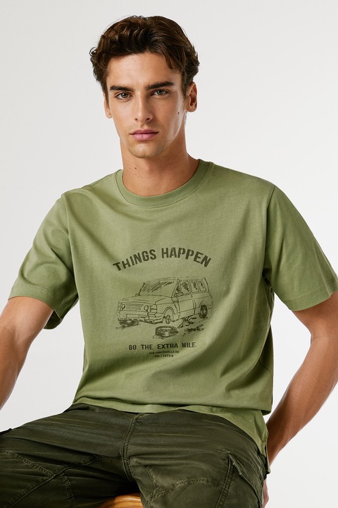 Pepe Jeans London, Tricou cu imprimeu text Sheldon, Negru/Verde sparanghel