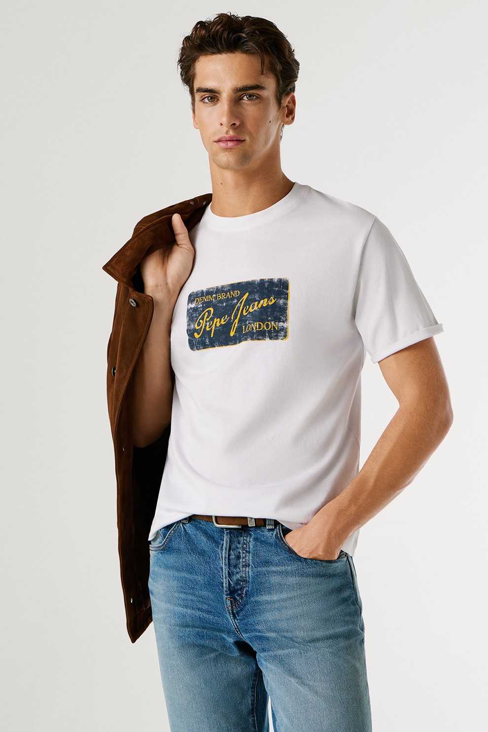 Pepe Jeans London, Tricou cu imprimeu logo Suen, Alb, Albastru oceanic, Galben miere, XL