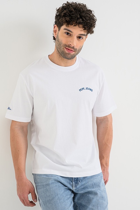Pepe Jeans London, Tricou cu imprimeu grafic pe partea din spate Gideon, Alb/Albastru