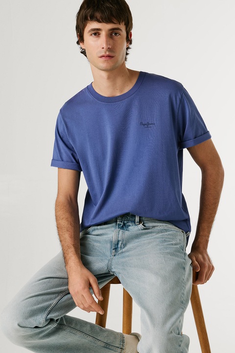 Pepe Jeans London, Tricou din bumbac cu logo discret Jacko, Albastru indigo