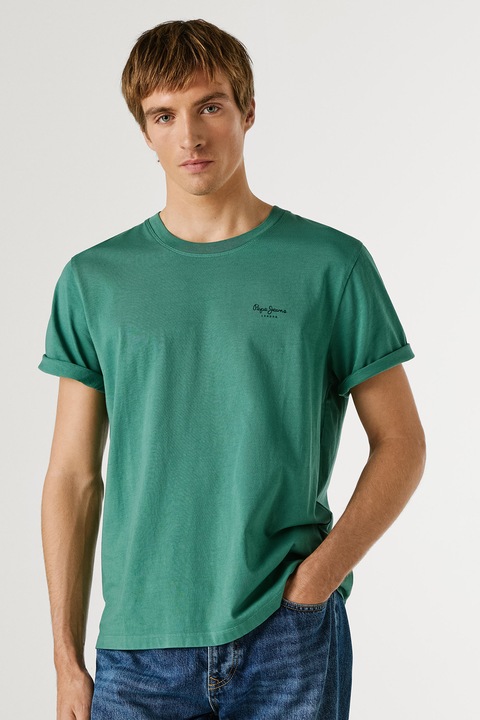 Pepe Jeans London, Tricou din bumbac cu logo discret Jacko, Verde smarald