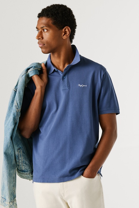 Pepe Jeans London, Tricou polo din bumbac cu logo Oscar, Bleumarin stins