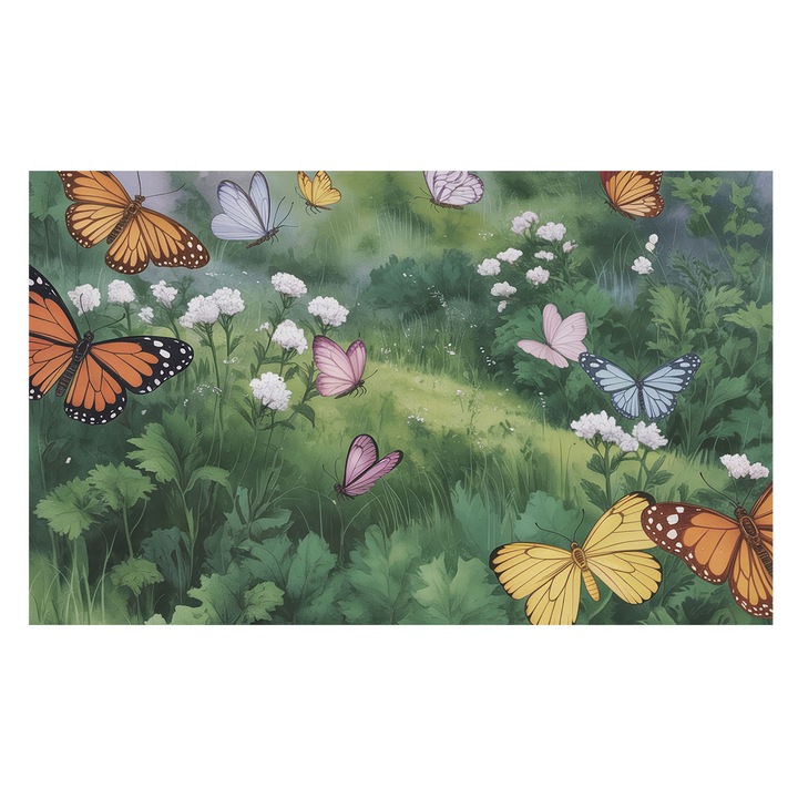 Tapet Pe Vinil De Perete, Tulup, Fluturi in pajiste, Verde, 416 x 254 cm, Vlies, Pentru Uz Intern, 010100060100000284723