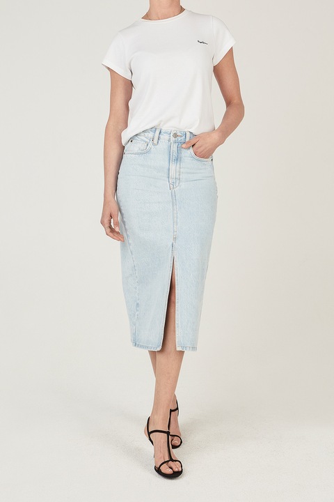 Pepe Jeans London, Fusta midi din denin cu slit pe partea din fata, Albastru pal