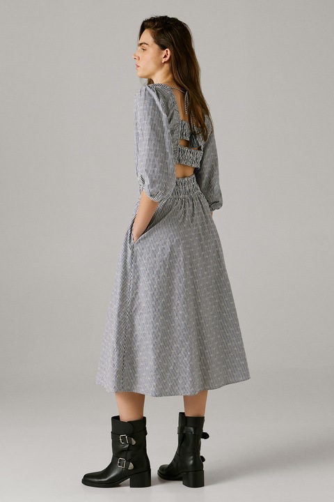 Pepe Jeans London, Rochie midi cu maneci 3/4 si dungi, Alb/Bleumarin