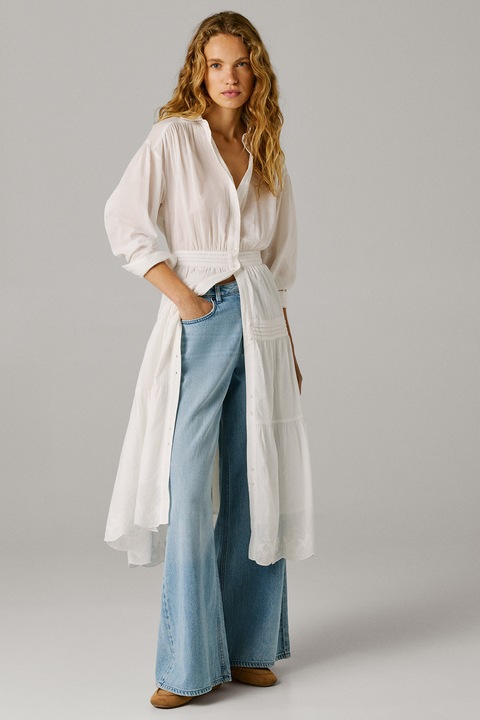 Pepe Jeans London, Rochie-camasa midi din bumbac, Alb