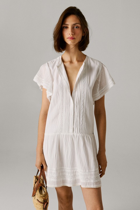 Pepe Jeans London, Rochie scurta dreapta cu maneci fluture, Alb