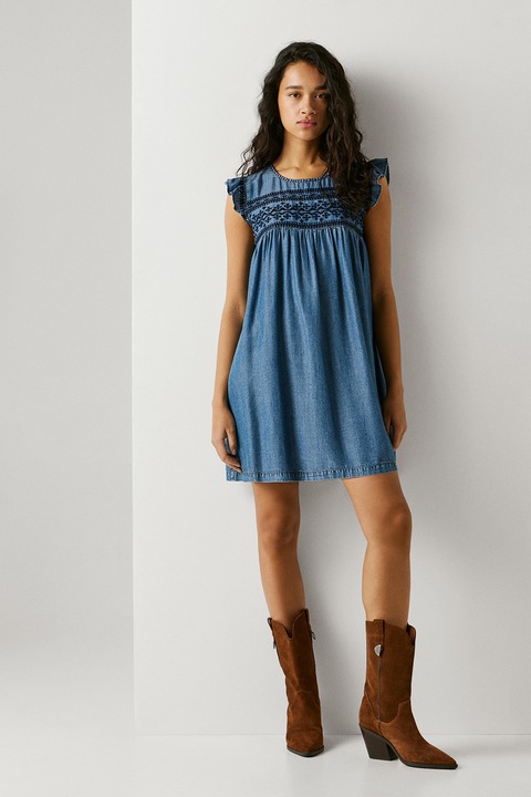 Pepe Jeans London, Rochie scurta din lyocell cu croiala lejera si detalii brodate, Albastru inchis