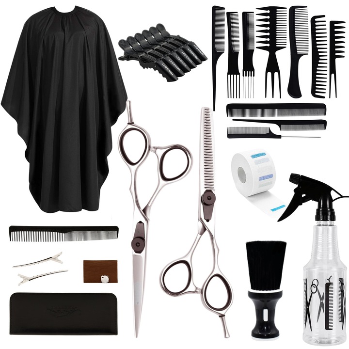 Set Profesional Frizerie Complet – Foarfeci Tuns & Filat, Piepteni, Pelerina