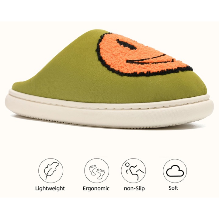 Papuci de casa unisex MAXVINCI, interior plush moale, model smiley face retro, marimea 36-37, verde deschis cu portocaliu