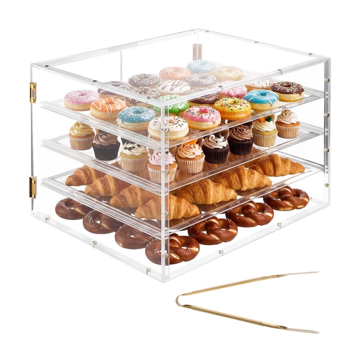 Vitrina patiserie comercială, 4 etaje, acrilic transparent, dimensiuni 570x455x405 mm, uși spate magnetice